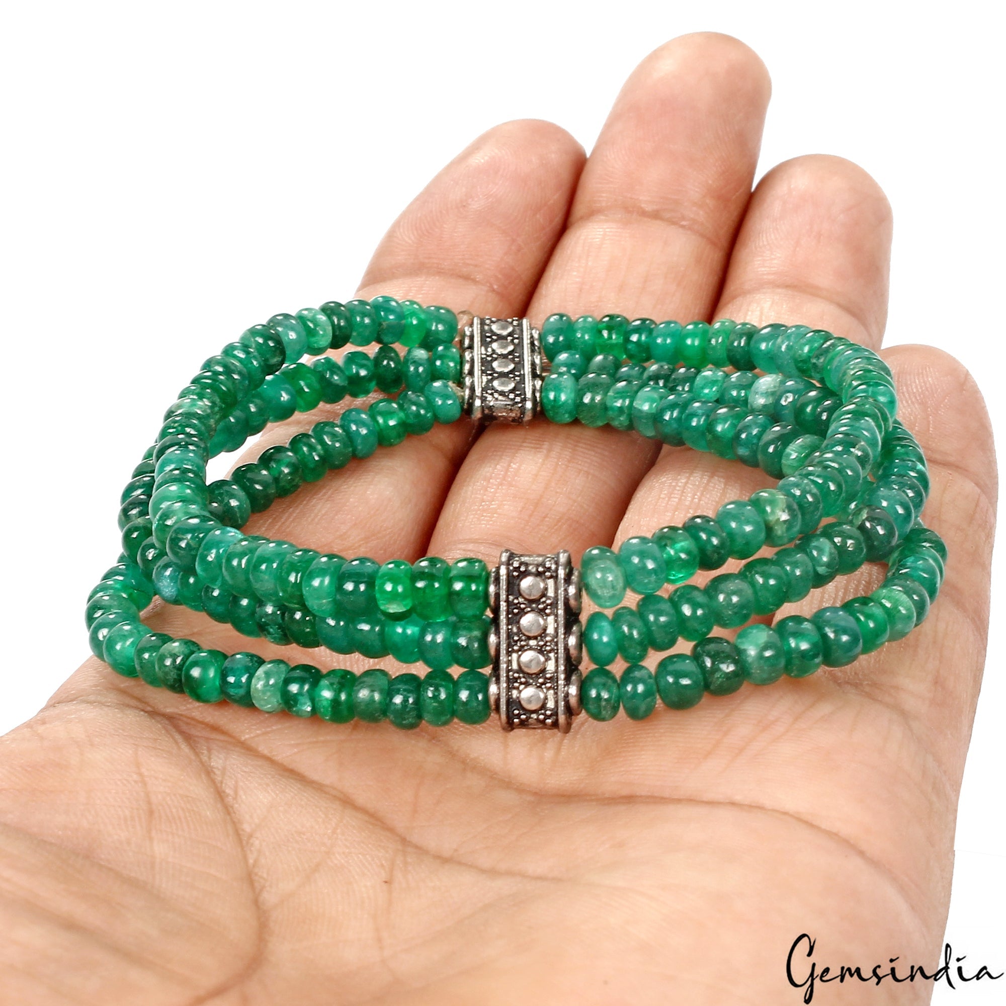 6.5 Inch Natural Zambian Emerald 3 Strand Stretchable Bracelet Jewelry For Women