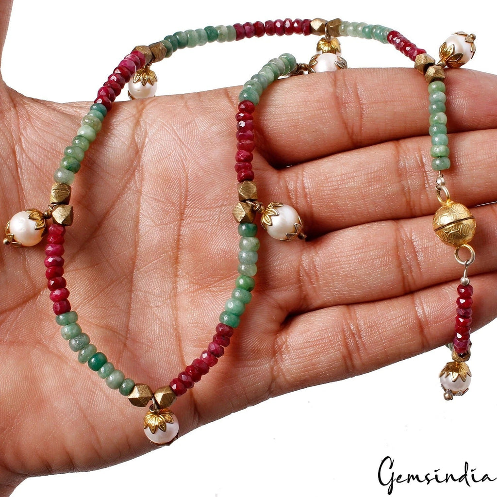 179.50Ct Natural Red Ruby Green Emerald Freshwater Pearl Gem Beaded Necklace 20"