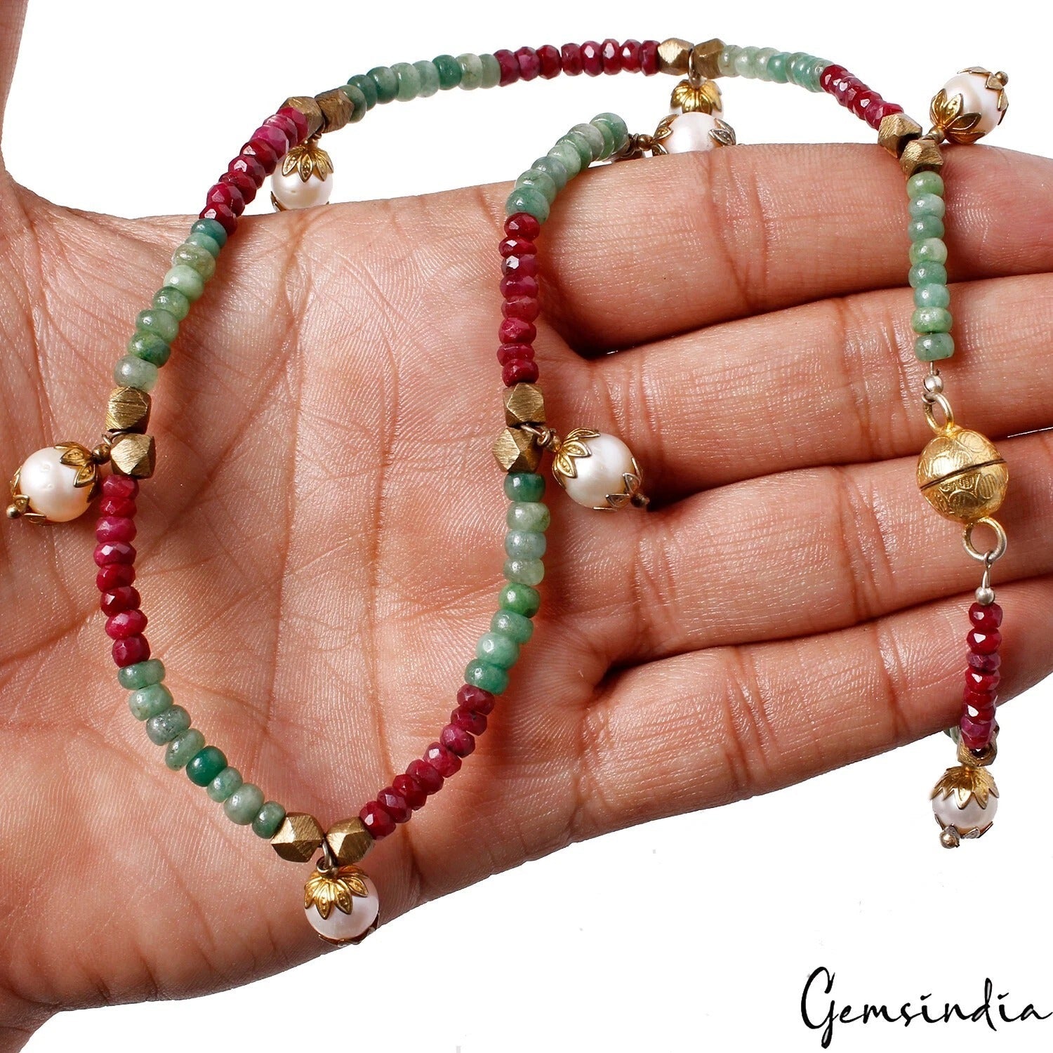 179.50Ct Natural Red Ruby Green Emerald Freshwater Pearl Gem Beaded Necklace 20"