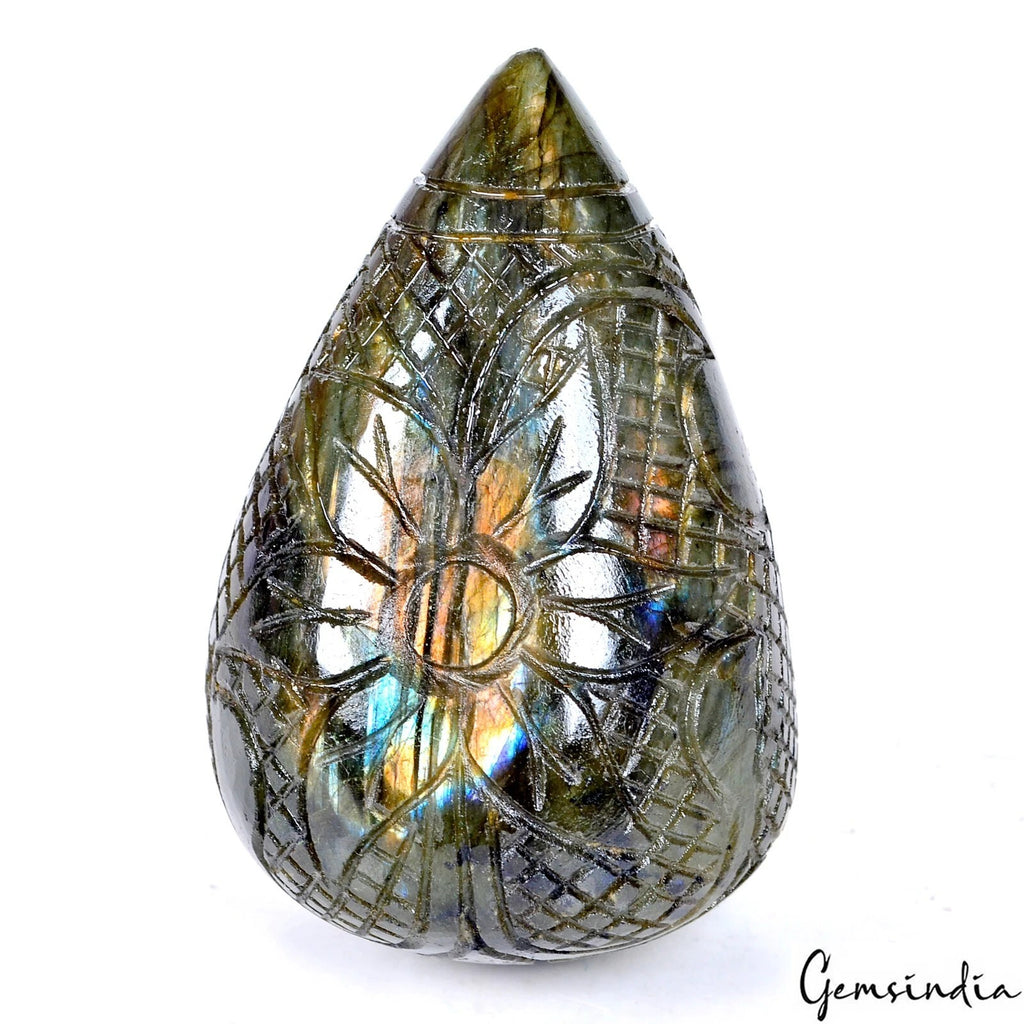 Labradorite Carving, Untreated, Peach — 68x45 mm, 840 Ct