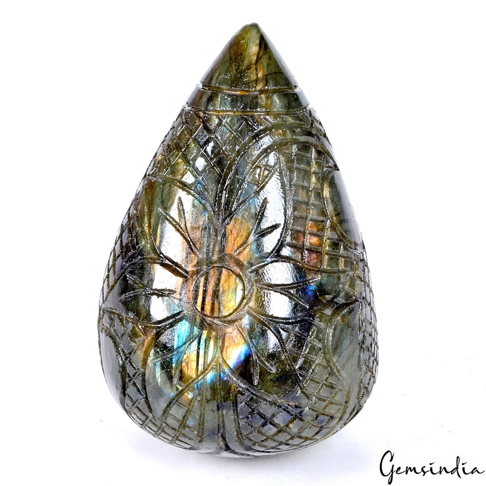 Labradorite Carving, Untreated, Peach — 68x45 mm, 840 Ct