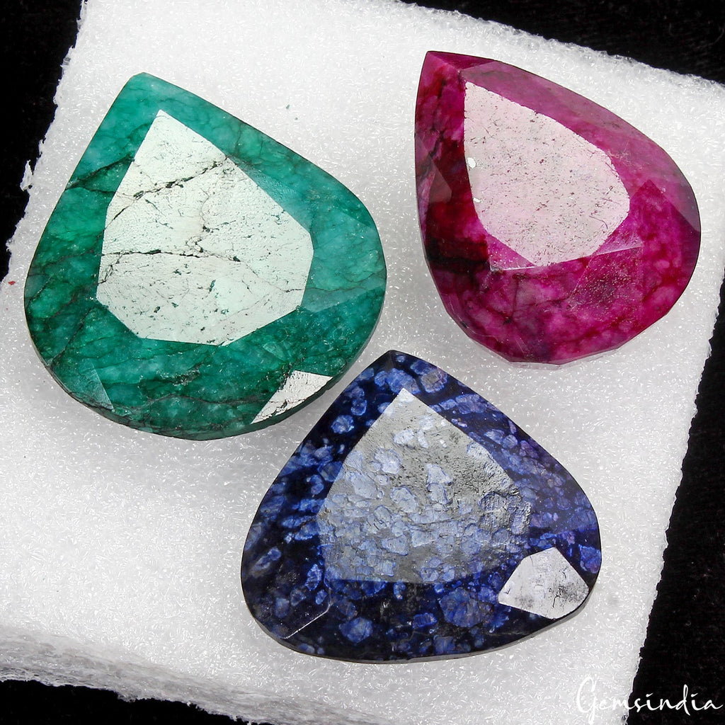 720 Ct/3 Pcs Natural Red Ruby, Blue Sapphire & Green Emerald Pear Cut Loose Gems