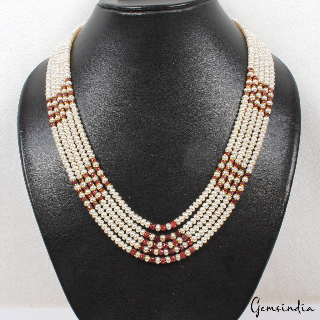 320 Ct Freshwater Pearl & Red Ruby Round Cab Beaded 5 strand Adjustable Necklace