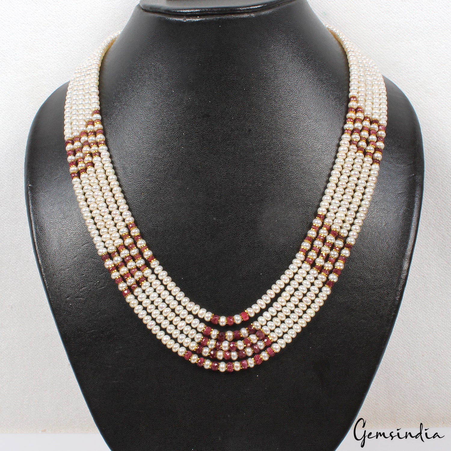 320 Ct Freshwater Pearl & Red Ruby Round Cab Beaded 5 strand Adjustable Necklace