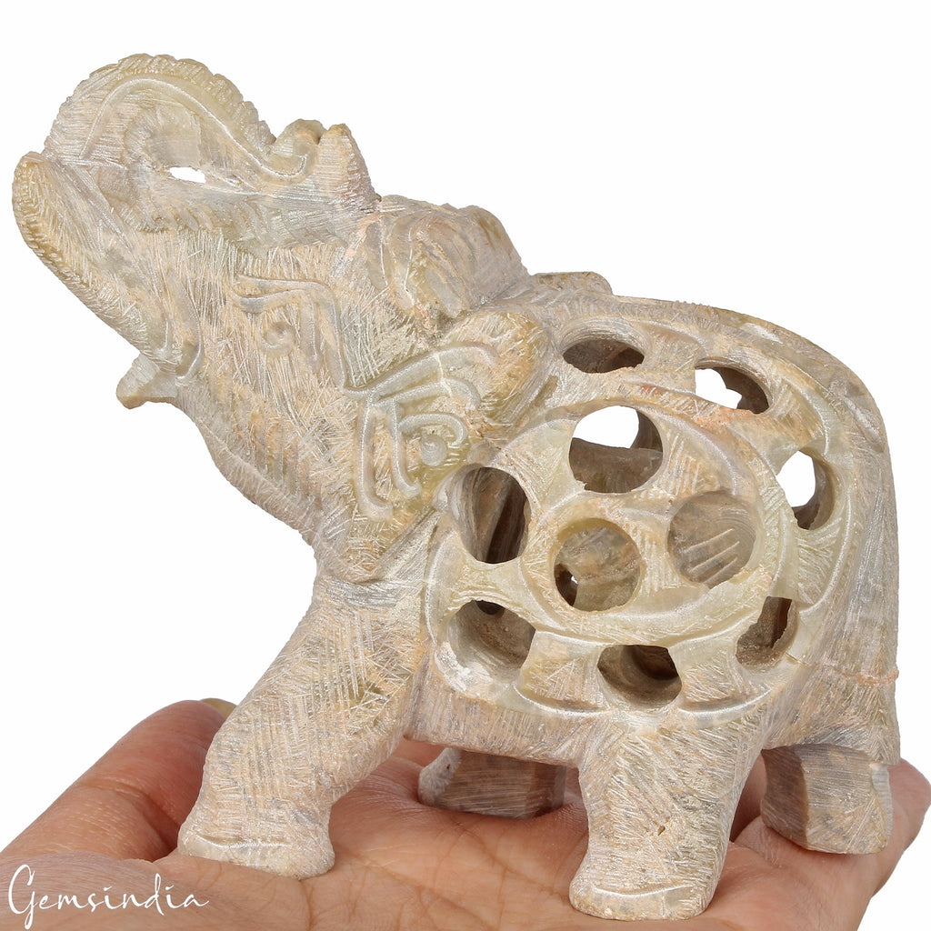 1220Ct Soapstone Trunk Up Elephant Statue Animal~ Baby inside Sculpture/Artifact