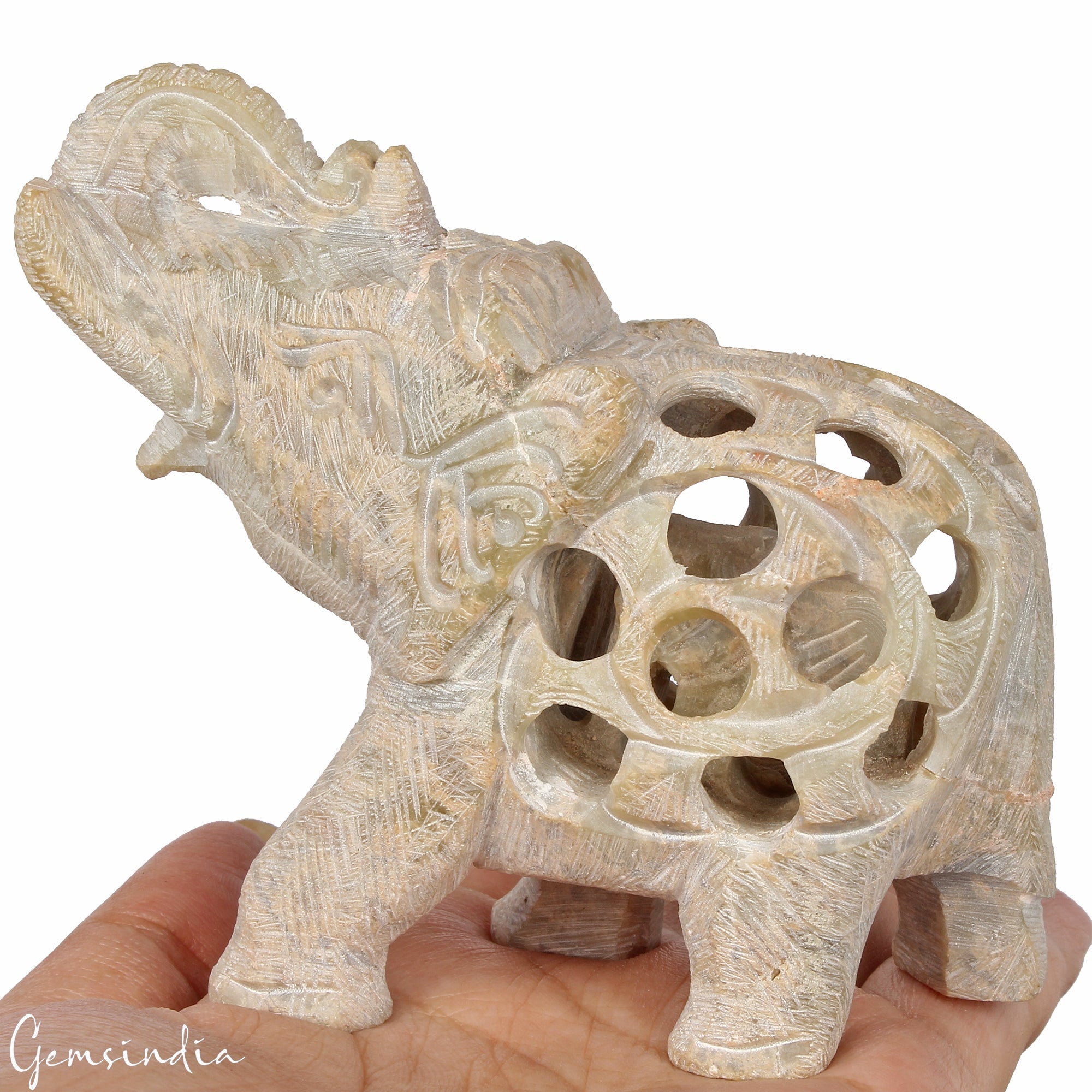 1220Ct Soapstone Trunk Up Elephant Statue Animal~ Baby inside Sculpture/Artifact