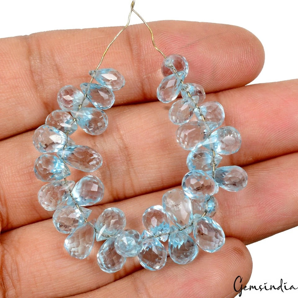 31 Pcs Natural London Blue Topaz 7mm-9mm Loose Pear Drop Faceted Bead/Briolettes