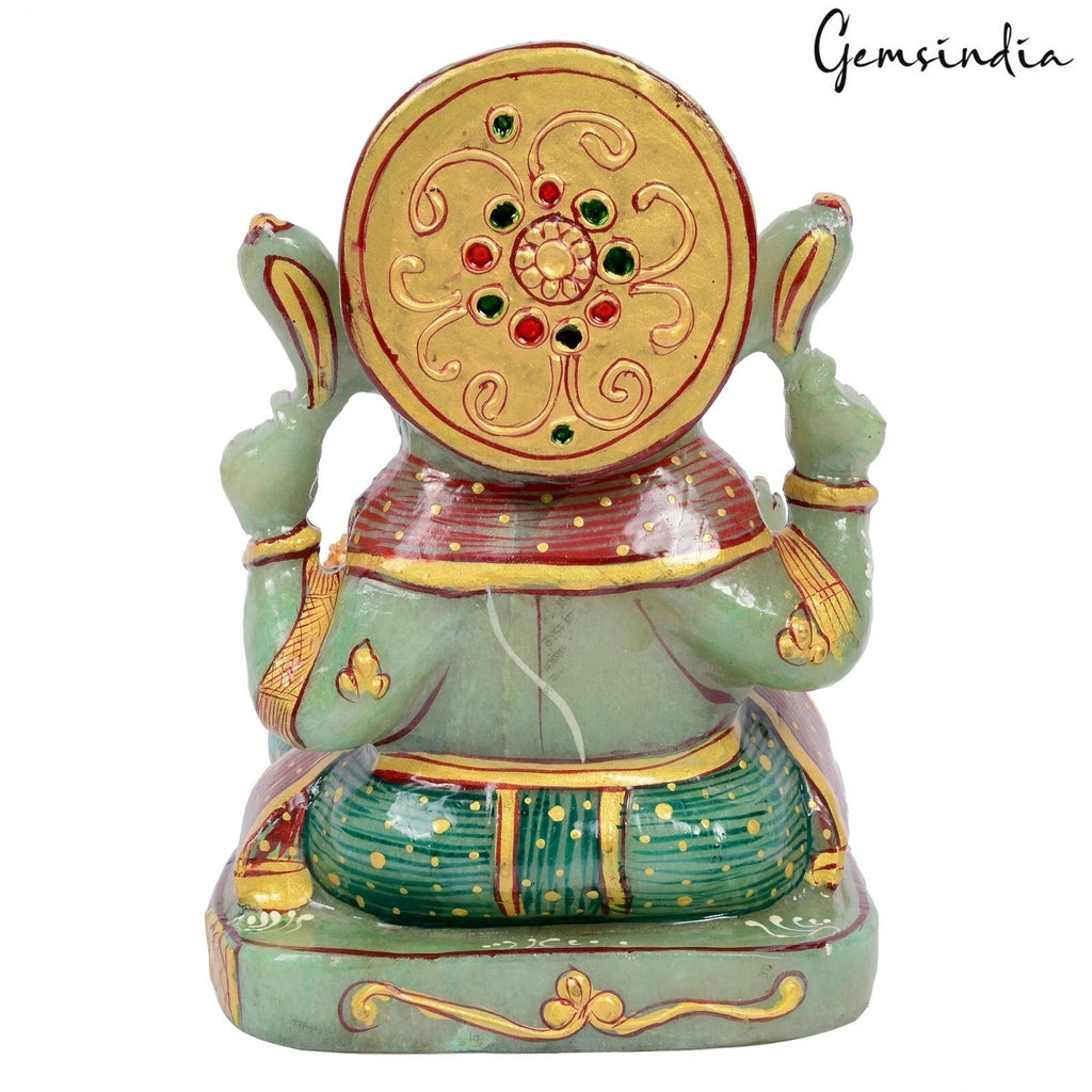 2.2 Kg Natural Green Aventurine Single Stone Gold Painted Lord Ganesha Sculpture