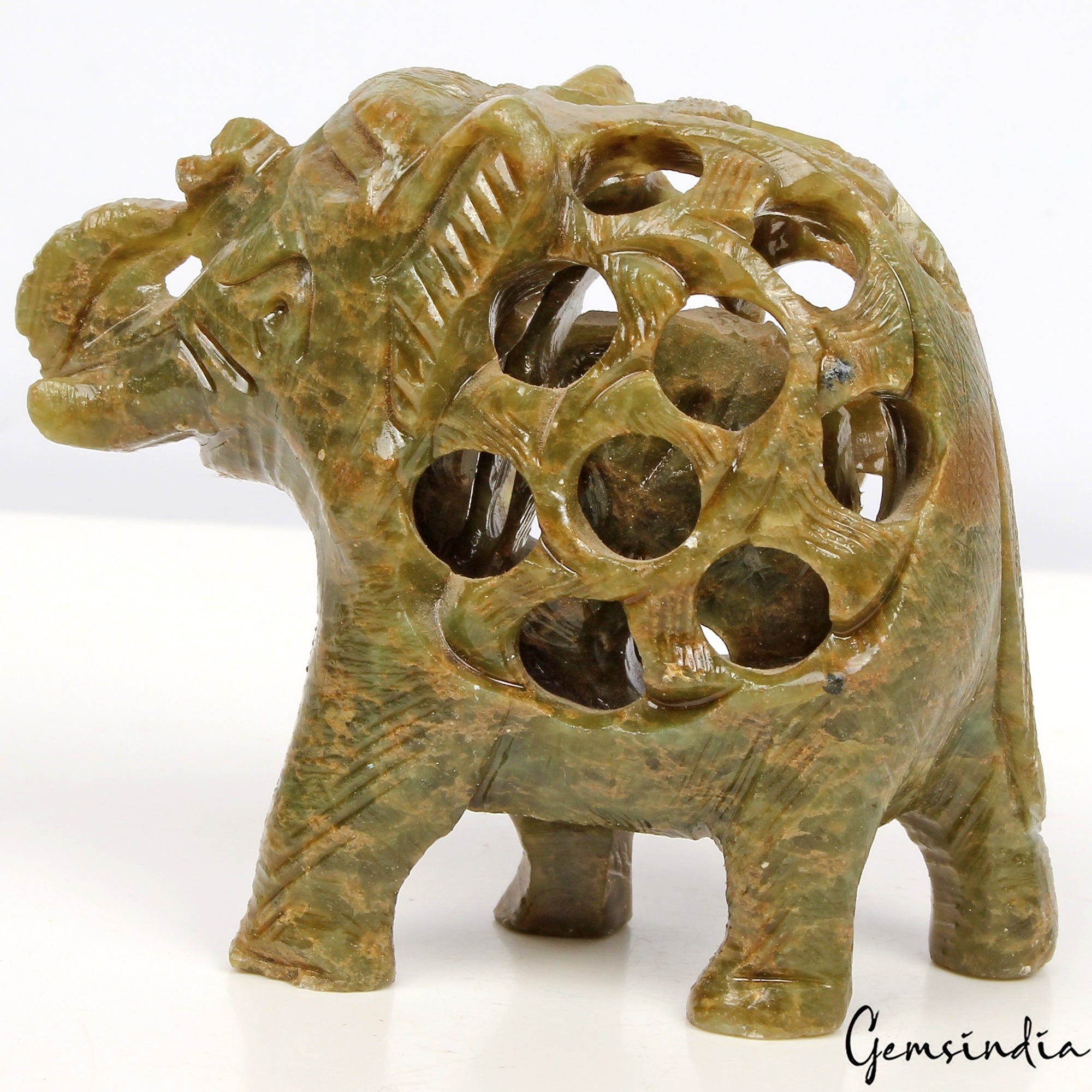680 Cts Soapstone Trunk Up Elephant Statue Animal~ Baby inside Tummy Sculpture