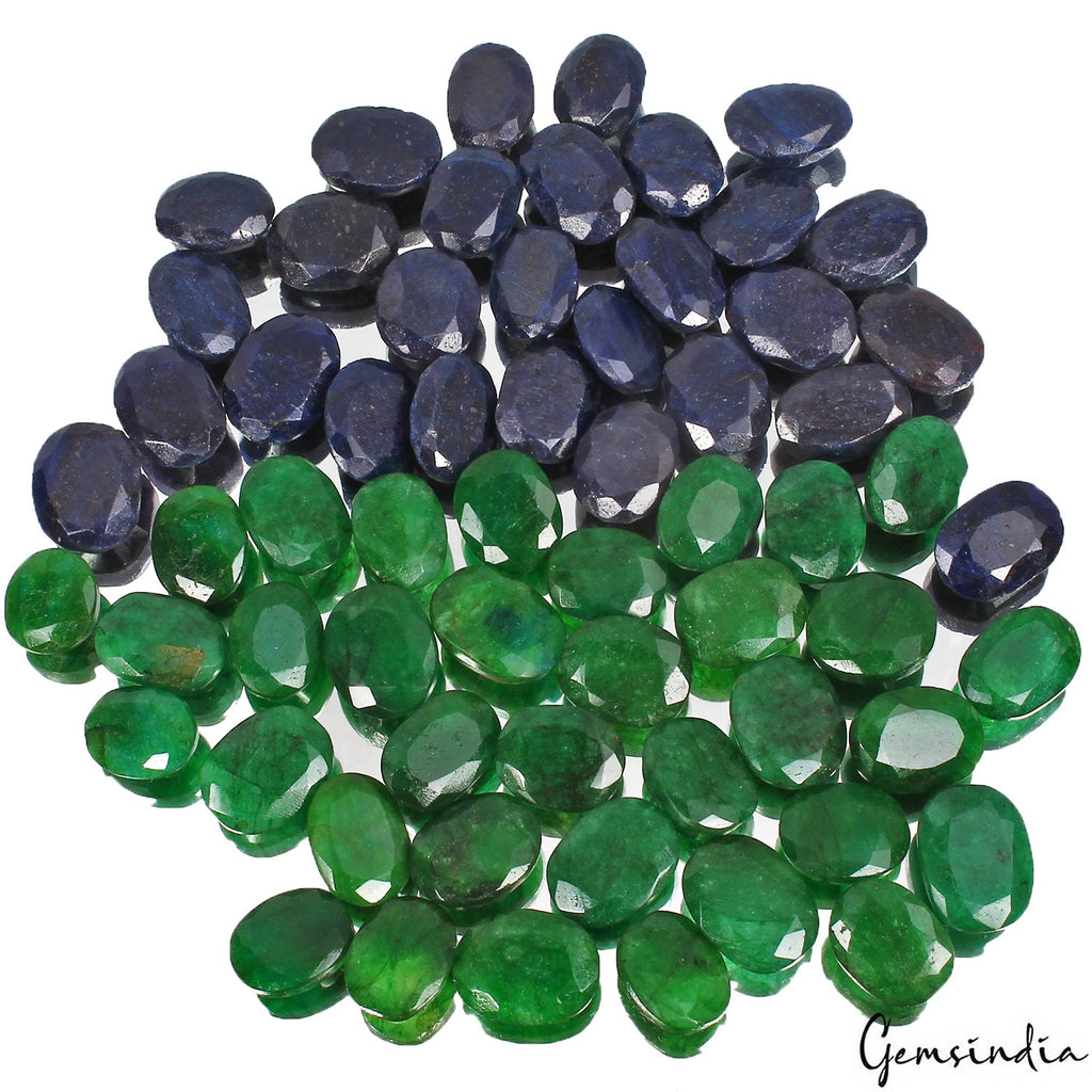 Certified 1000 Ct/63 Pcs Natural Green Emerald Blue Sapphire Oval Cut Loose Gems