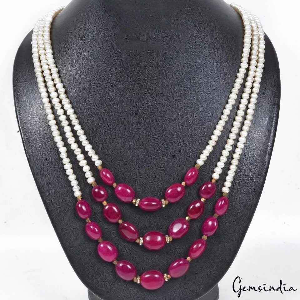 Handmade Freshwater Pearl & Red Quartz Gems Beads 3 Strand Designer Necklace 21"