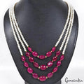 Handmade Freshwater Pearl & Red Quartz Gems Beads 3 Strand Designer Necklace 21"