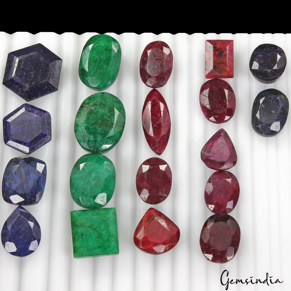 Certified 390 Cts/19 Pcs Natural Multi Gems Emerald Ruby Sapphire Mixed Cut Gems