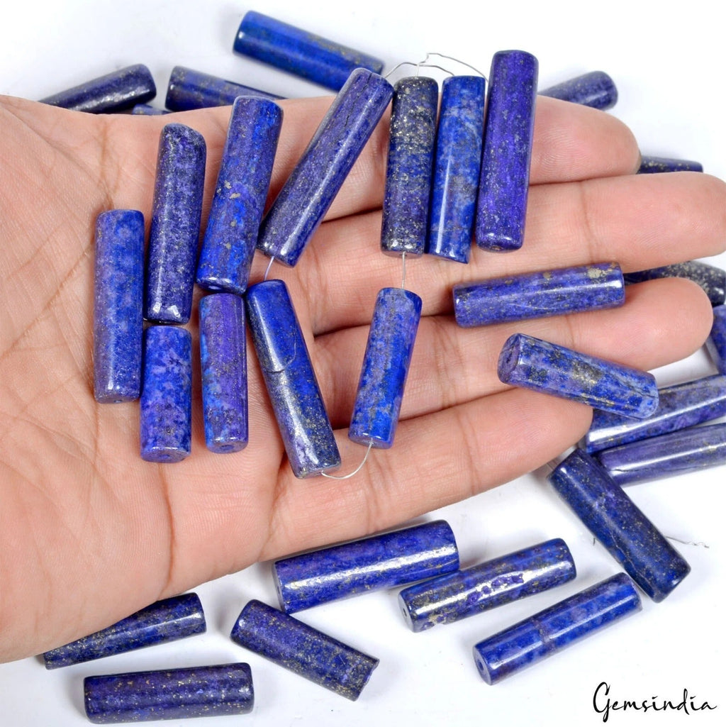 770 Ct/32 Pcs Natural Blue Lapis Lazuli Tube Shape Drill Spacer Gems For Jewelry