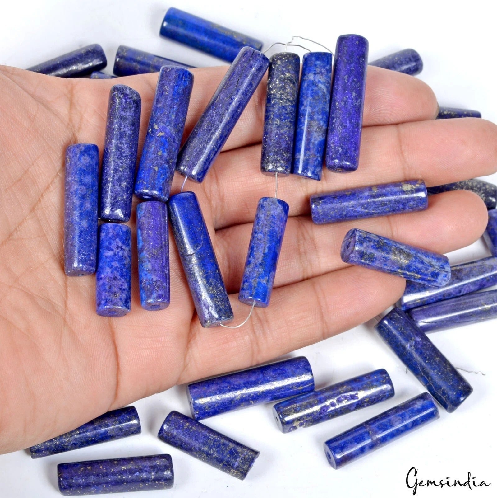 770 Ct/32 Pcs Natural Blue Lapis Lazuli Tube Shape Drill Spacer Gems For Jewelry