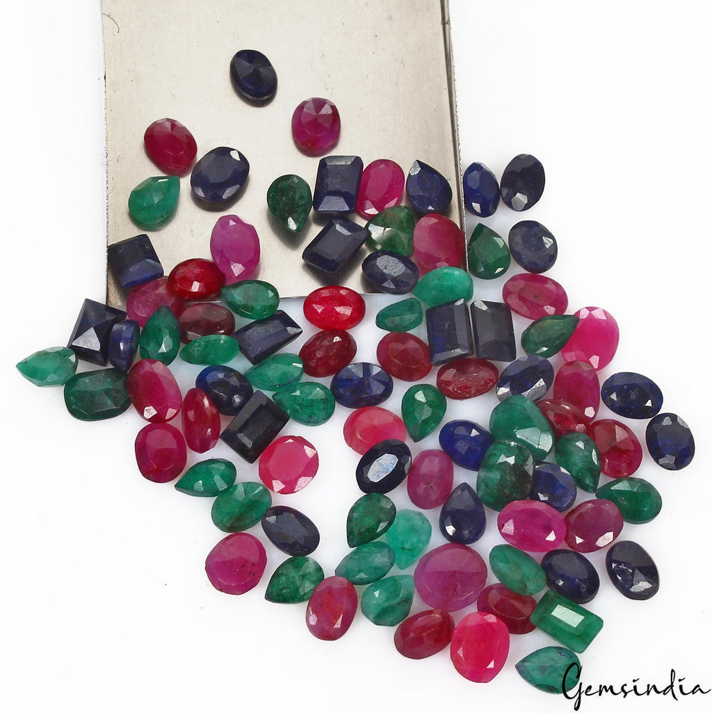 Certified 93.90 Ct/88 Pcs Natural Multi Color Emerald Ruby Sapphire Mix Cut Gems