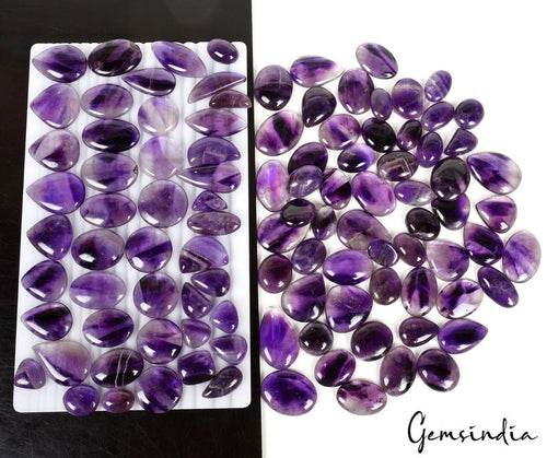 Amethyst Lot, Cabochon, Oval, Pear & Fancy Cabochon, Untreated — 100 Pieces, 18mm to 33mm, 2700 Ct