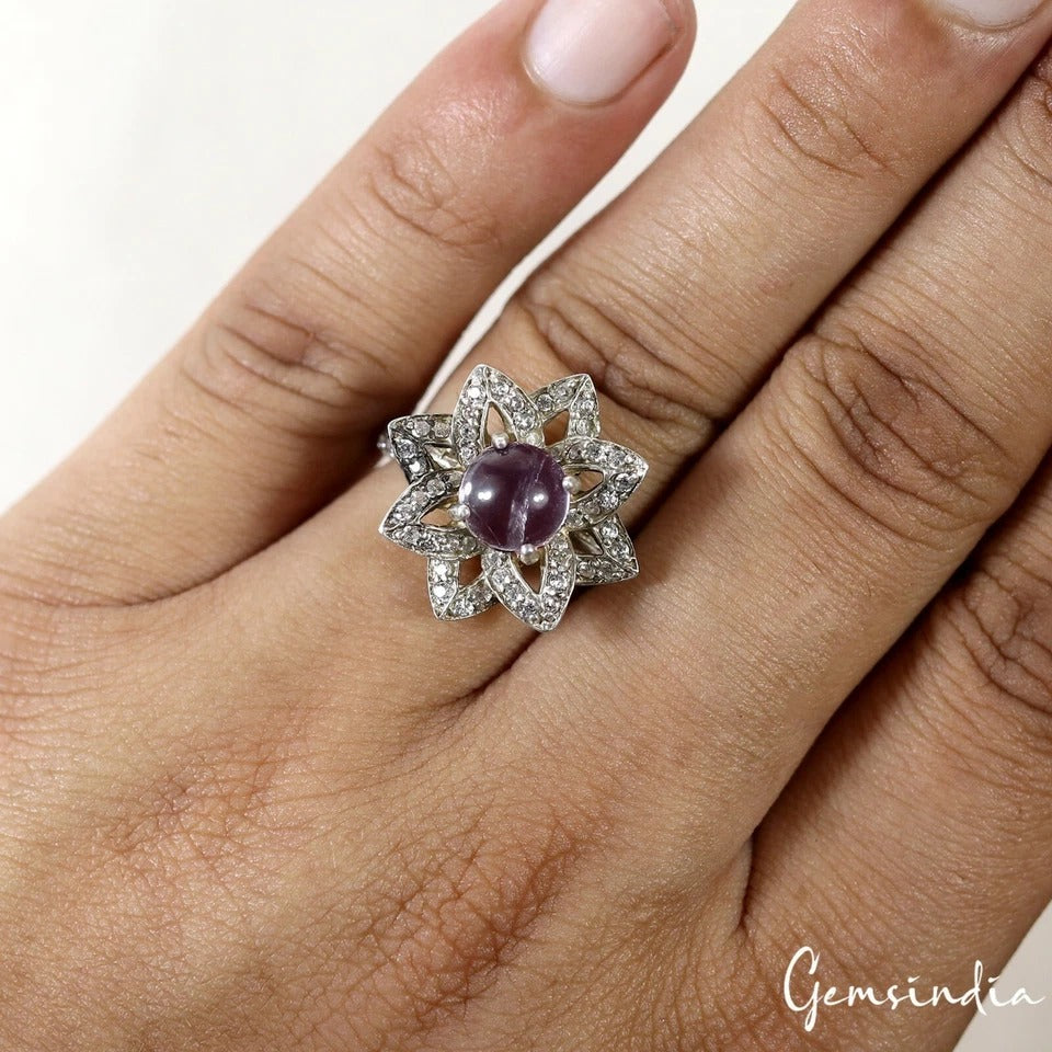 5 Gm Natural Purple Amethyst Gem 925 Sterling Silver Carved Designer Ring 6.5 US