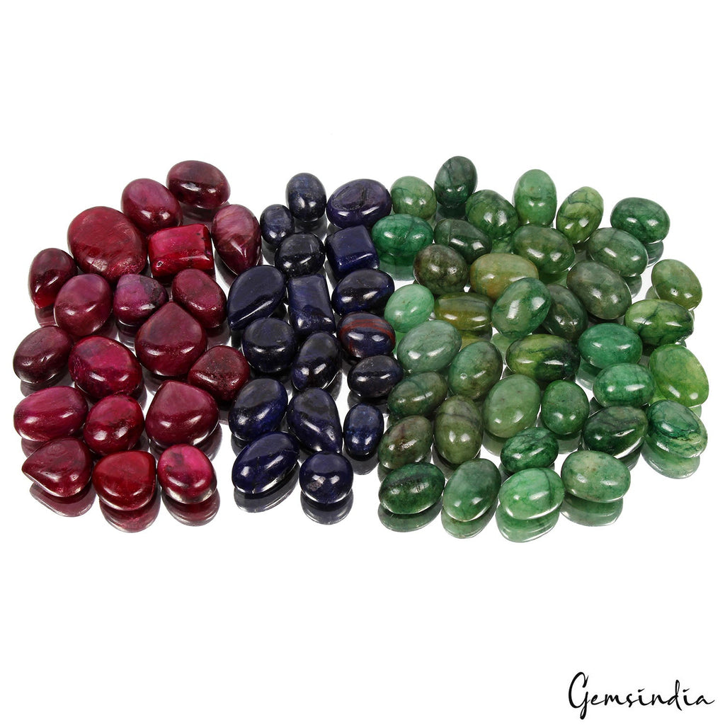 Certified 670 Ct Natural Ruby Emerald Sapphire Mix Cab Ring Size Gemstones Lot