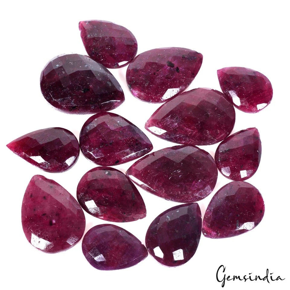 680 Ct/14 Pc Natural Red Ruby Almond Checker cut Drilled Beads/Briolettes~2-35mm