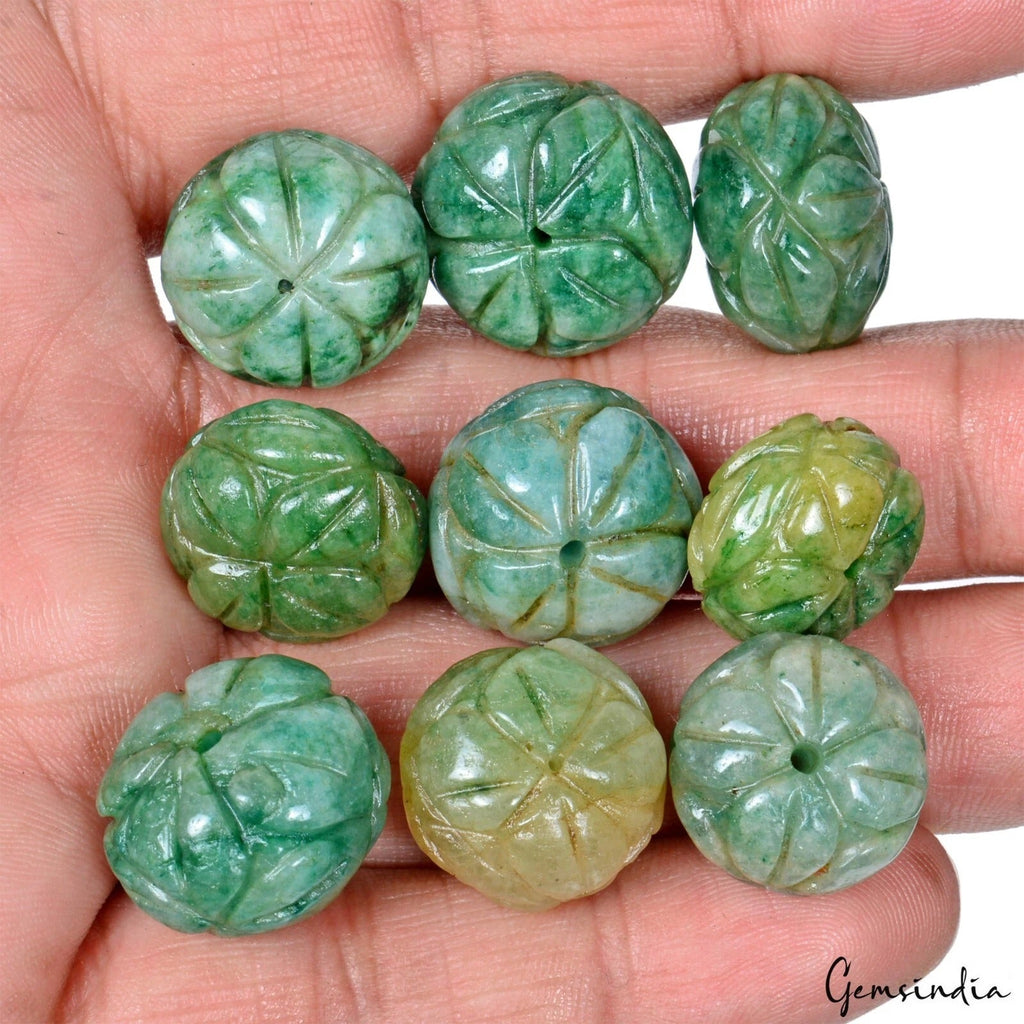 Share 650 Cts/24 Pcs Natural Green Emerald Gems Round Drilled Carved Beads Loose