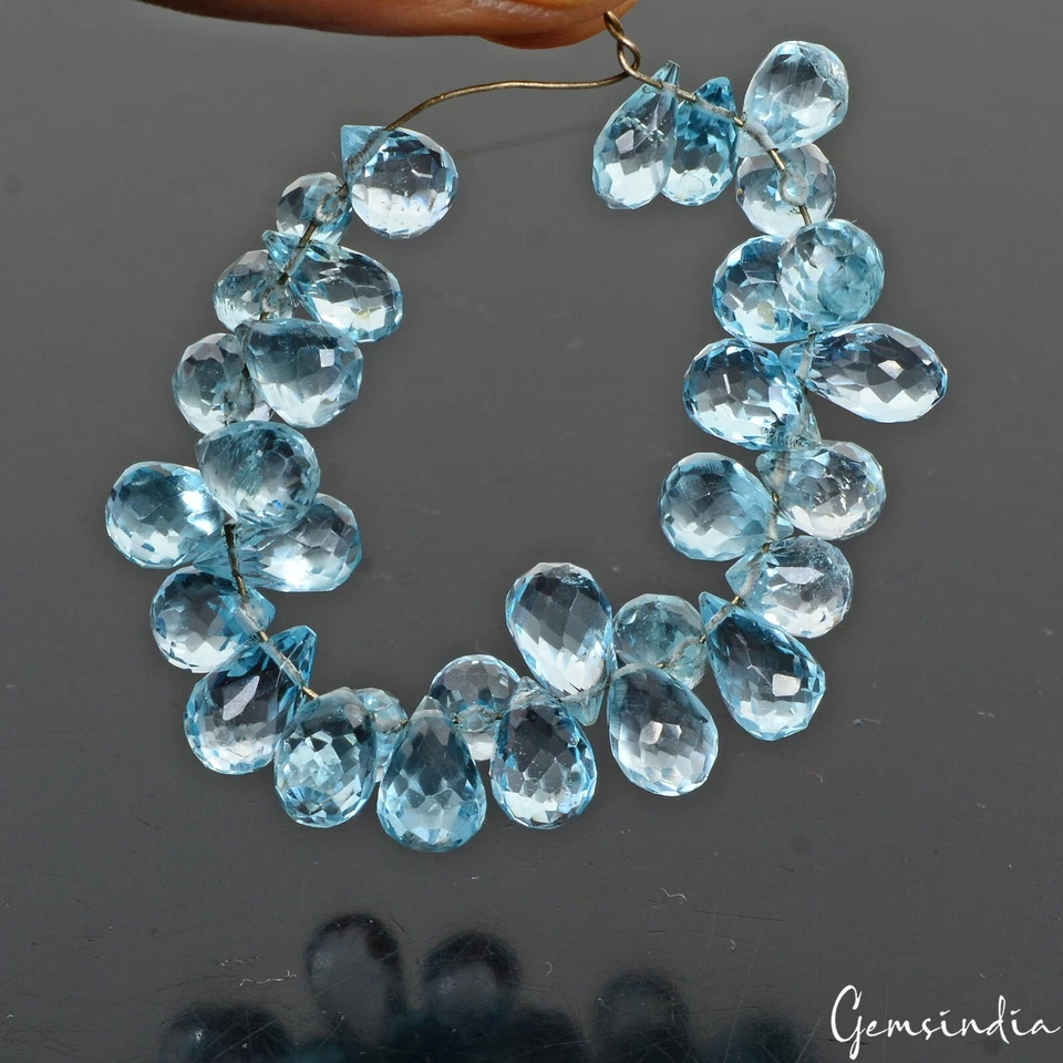 31 Pcs Natural London Blue Topaz 7mm-9mm Loose Pear Drop Faceted Bead/Briolettes