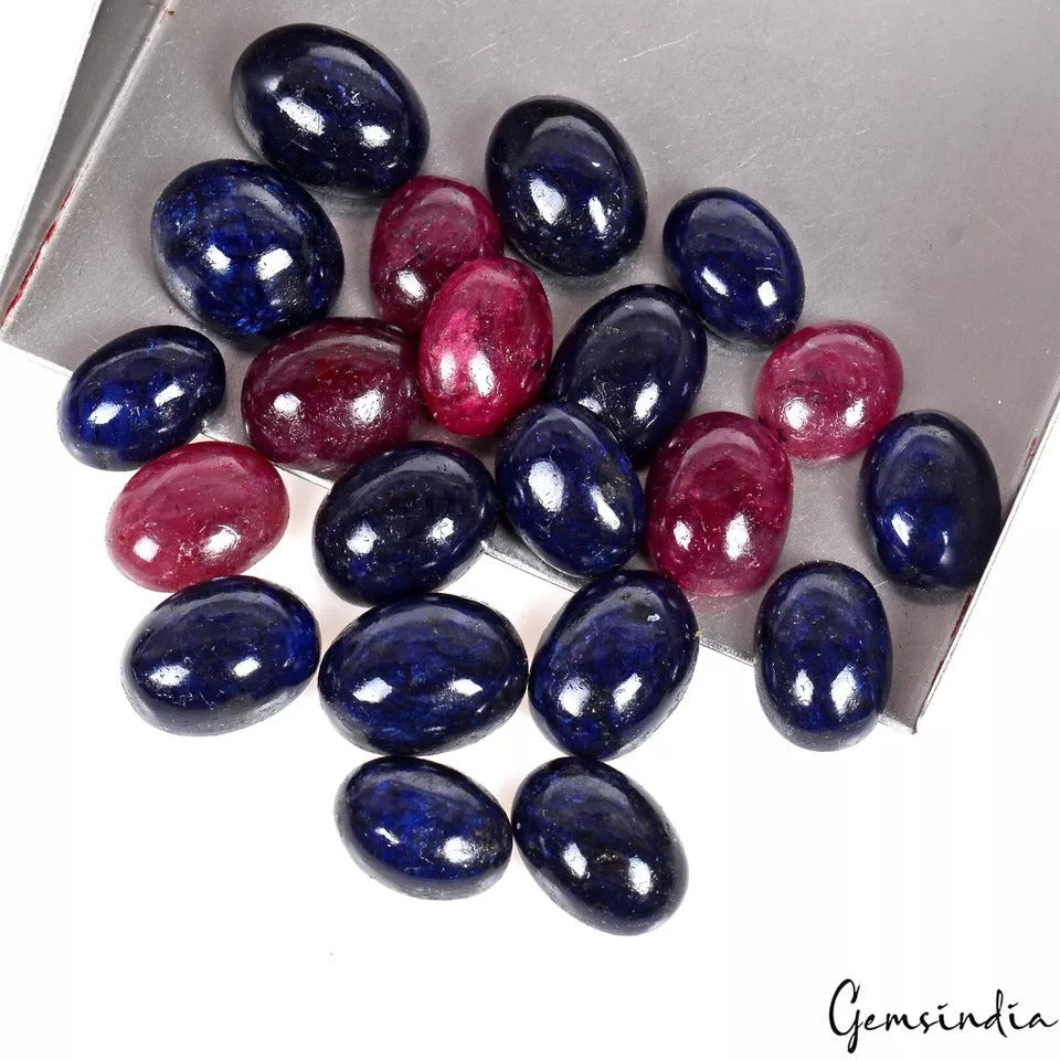 184.80 Ct/21Pcs Natural Red Ruby Blue Sapphire Oval Cab Loose Gems Certified Lot
