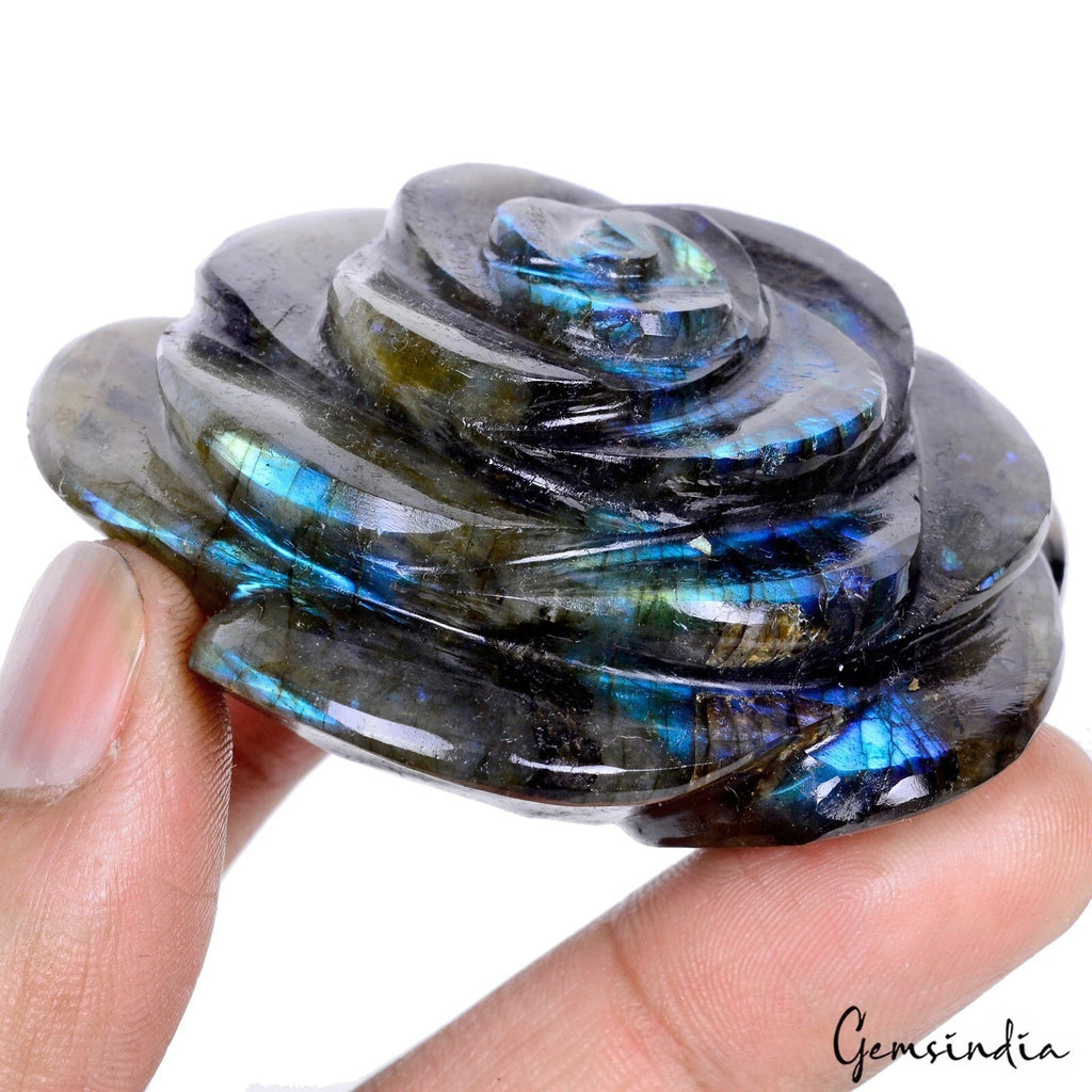 740 Ct Natural Untreated Blue Shine Labradorite Carved Rose Flower Rare Gemstone