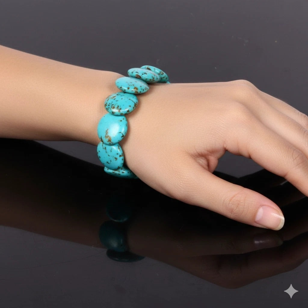 67.00 Ct Chinese Turquoise Round Cab Center Drilled Handmade Adjustable Bracelet