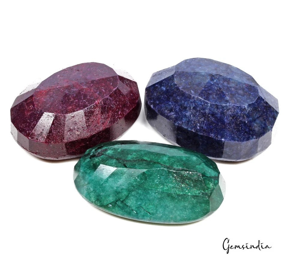 1820 Ct Natural Ruby, Sapphire & Emerald Oval Cut Loose Huge Gemstones 3 Pcs Lot