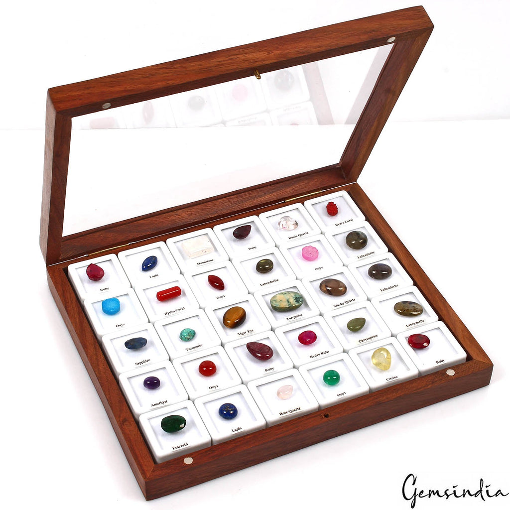 30Pcs Estate Genuine Semi Precious Loose Multi Color Gems Collection+Wooden Box
