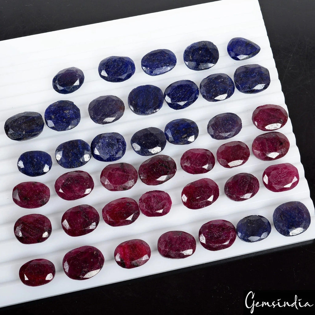 770 Ct/40 Pcs Natural Red Ruby Blue Sapphire Oval Cut Loose Gems Lot For Jewelry