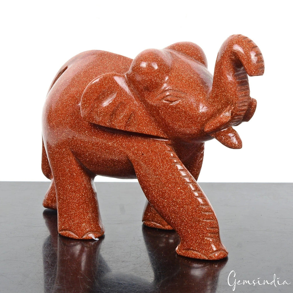 2400Ct Natural Brown Sunstone Trunk up Elephant Hand Crafted/Decor Gem Sculpture