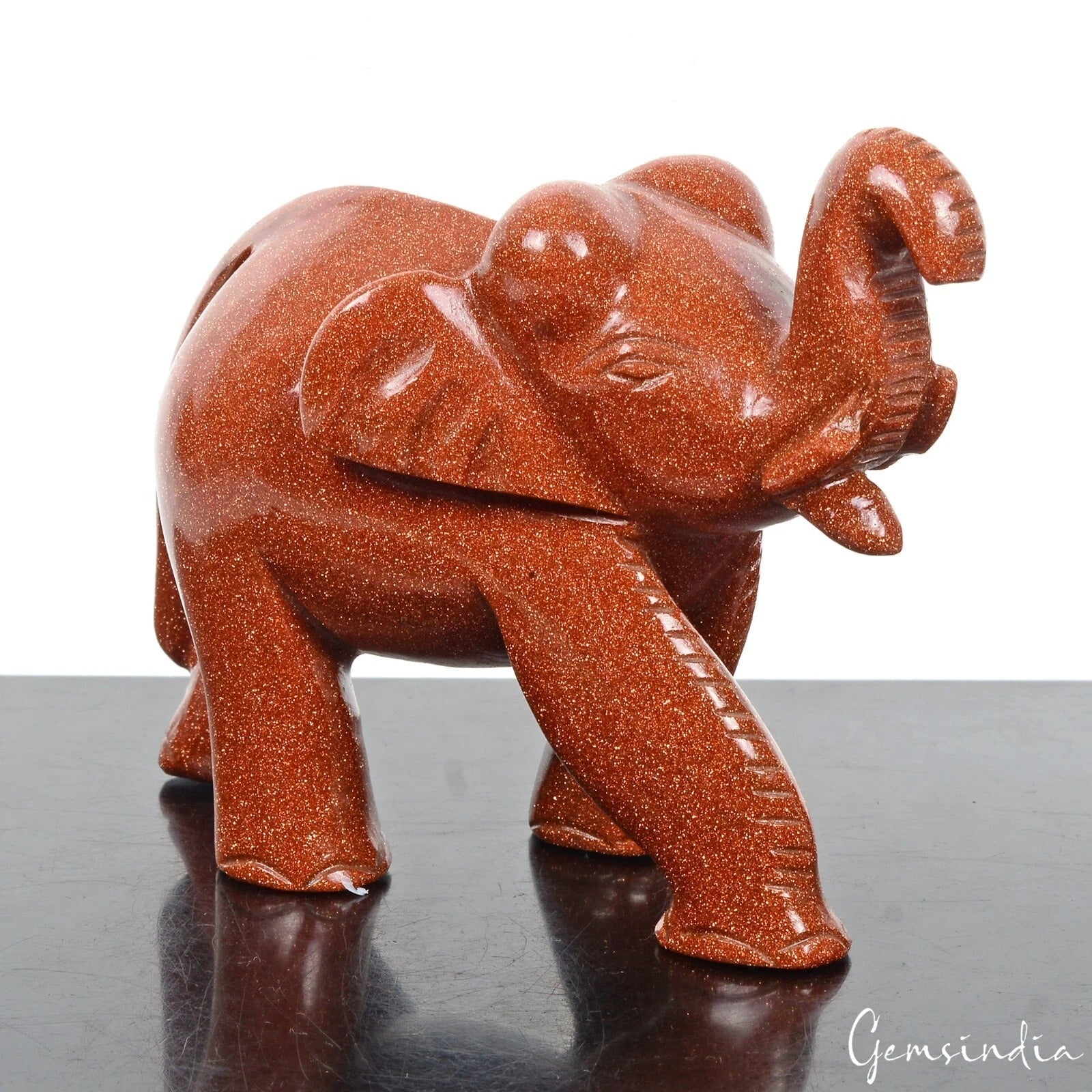 2400Ct Natural Brown Sunstone Trunk up Elephant Hand Crafted/Decor Gem Sculpture