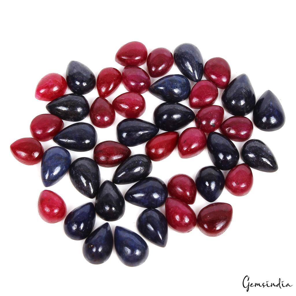 Certified 134.40 Cts/42 Pcs Natural Red Ruby Blue Sapphire Pear Cab Jewelry Gems