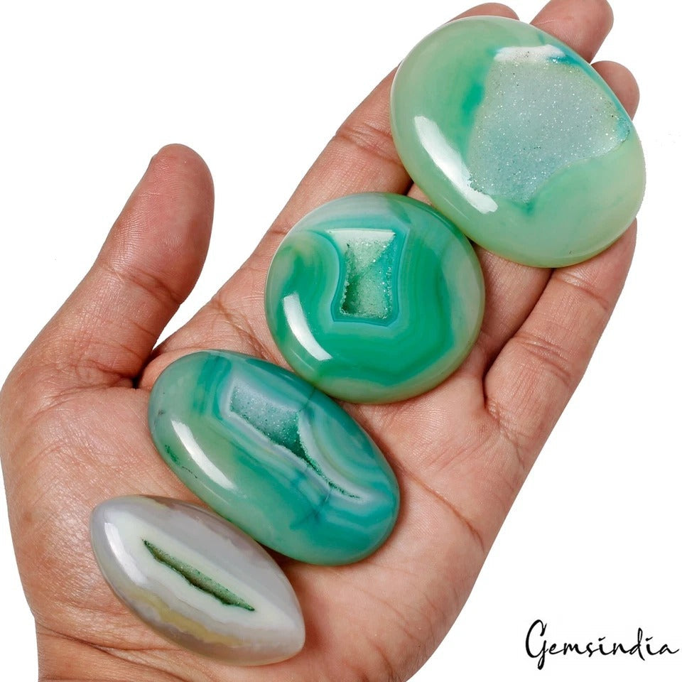 750 Ct Natural Druzy Onyx Agate Green Color Mix Shape Loose Gemstones Lot~4 Pcs