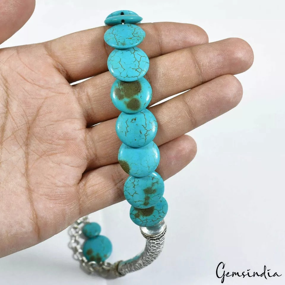 49.71Gm German Carved Silver/Blue Turquoise Gem Beaded Antique Hasli Necklace16"