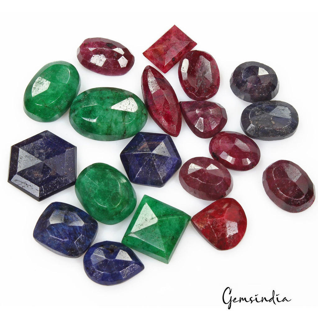 Certified 390 Cts/19 Pcs Natural Multi Gems Emerald Ruby Sapphire Mixed Cut Gems