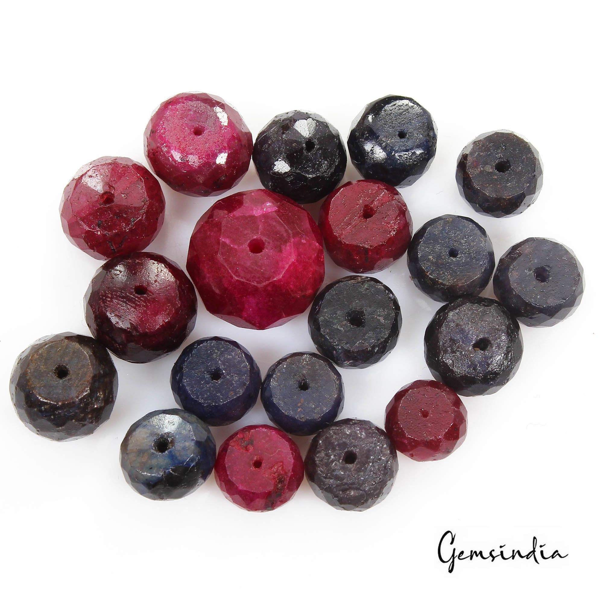 131.60 Ct/19Pcs Natural Red Ruby Blue Sapphire Round Checker Cut Drill Bead Gems