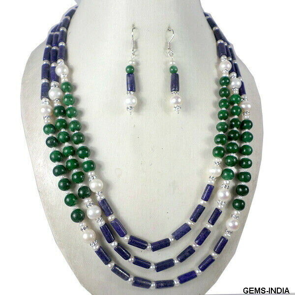 604 Cts Natural Blue lapis Green Emerald White Pearl Beaded Handmade Jewelry Set