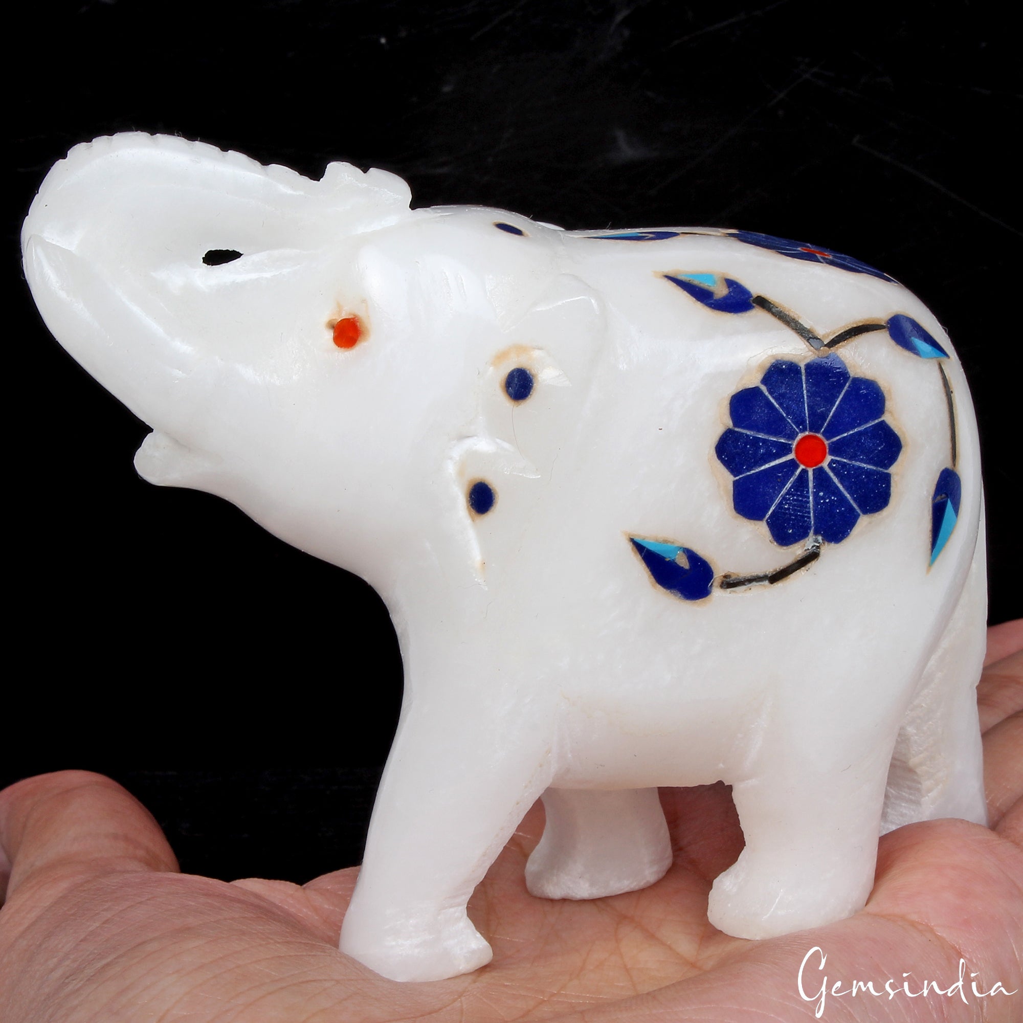 1290 Ct Handcrafted White Marble Elephant with Beautiful Inlay Design Home Decor
