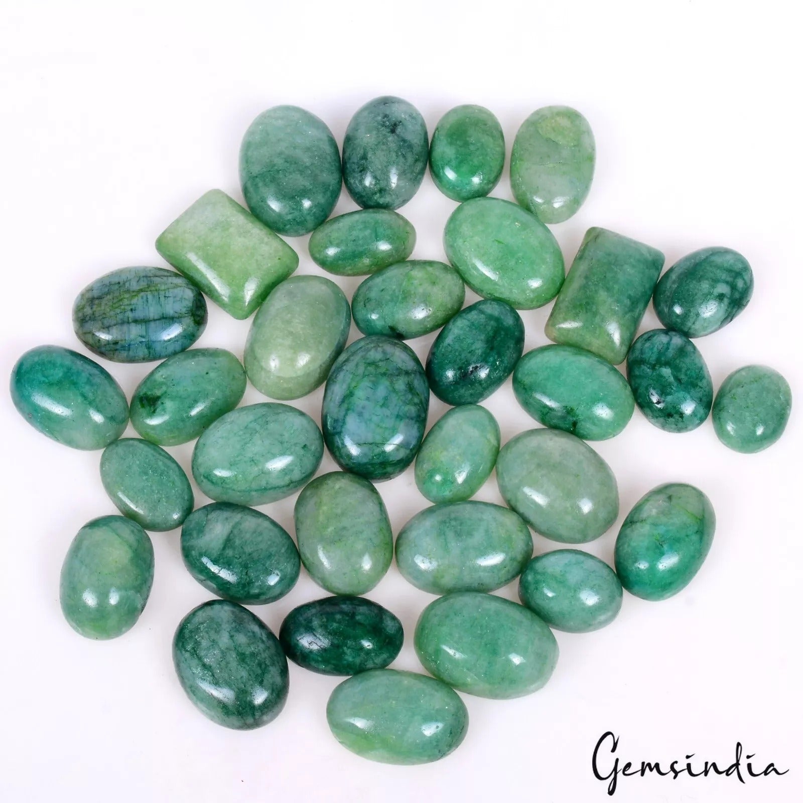 Emerald Lot, Cabochon, Oval & Rectangular Cabochon Gemstone, Color Enhanced — 33 Pieces, 12mm to 19mm, 320 Ct, Brazil