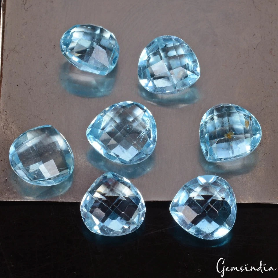 Blue Topaz Lot, Loose Gemstone, Pear/Heart Checker cut, Untreated — 7 Pieces, 9x9mm, 22.50 Ct
