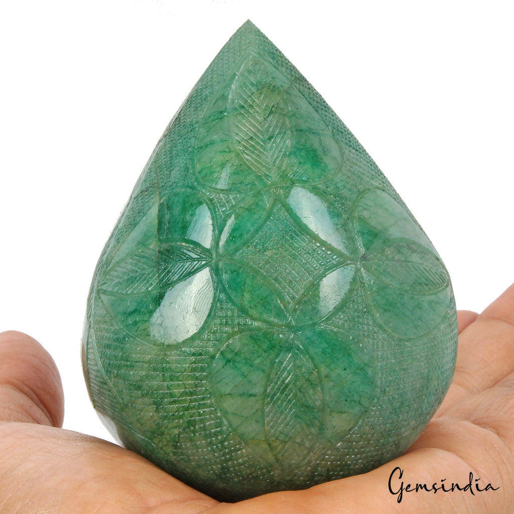 Certified 2145 Ct Natural Brazilian Green Emerald Pear Hand Carved Huge Size Gem