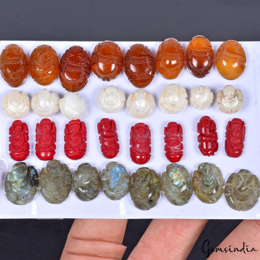 230 Ct/32 Pcs Multi Color Hand Carved Mini Ganesha Mix Gems Lot For Ring/Pendant