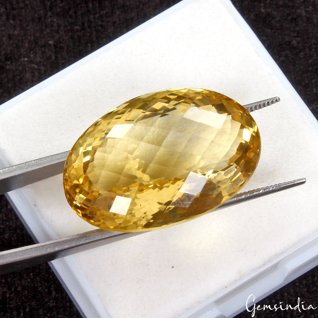 VVS 38.40 Cts Natural Golden Yellow Citrine Certified Oval Checker Cut Gemstone