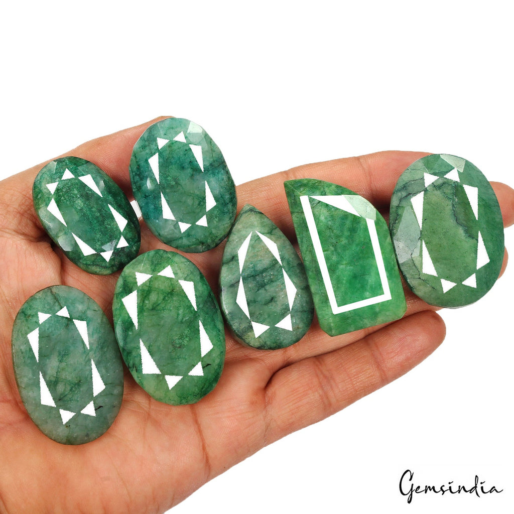 1220 Cts/7 Pcs Natural Untreated Green Emerald Mix Cut Loose Gems Wholesale Lot