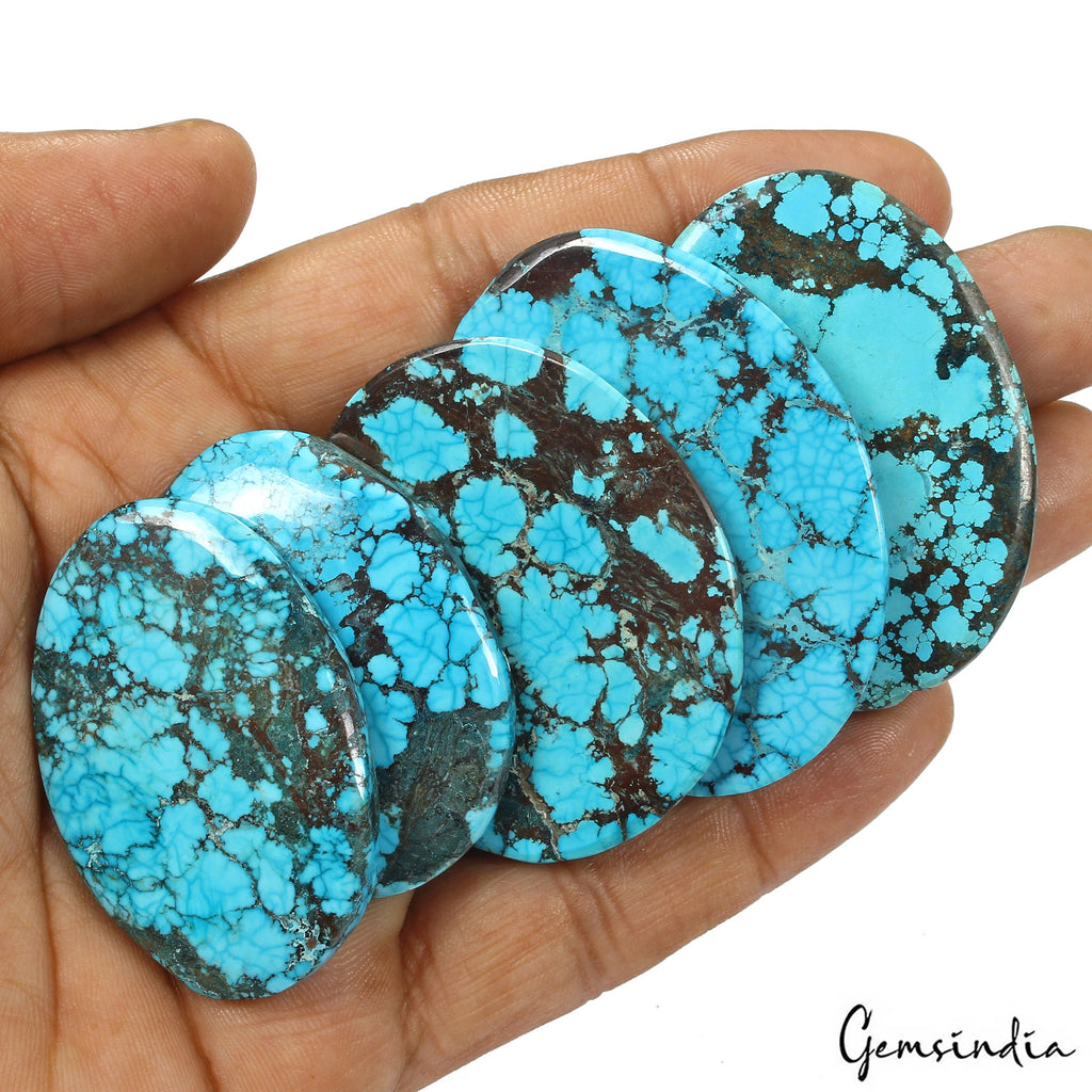 470 Ct Natural Spiderweb Blue Turquoise Oval Cabochon Loose Gemstone Lot 5  Pcs