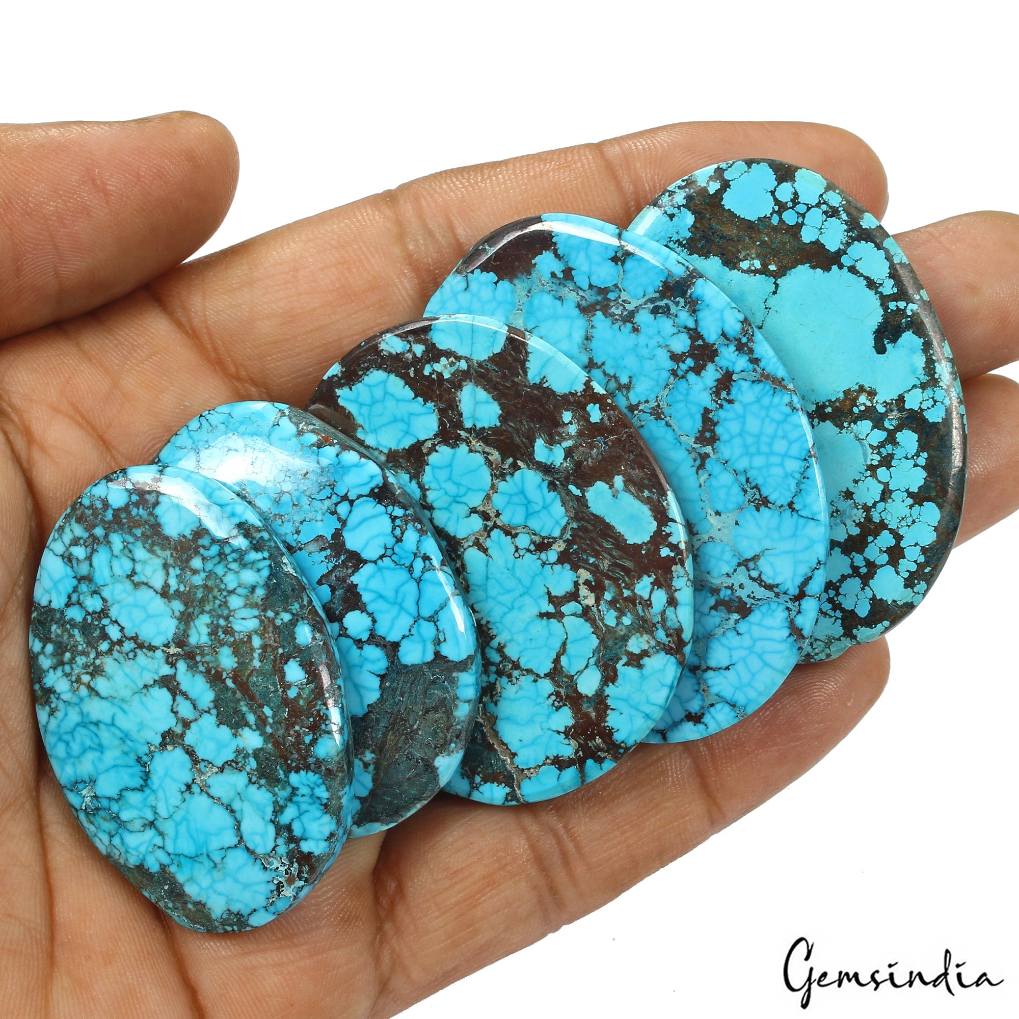 470 Ct Natural Spiderweb Blue Turquoise Oval Cabochon Loose Gemstone Lot 5  Pcs
