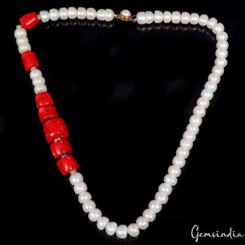 485 Ct Freshwater Pearl & Red Coral Gem Handmade Designer Single Strand Necklace